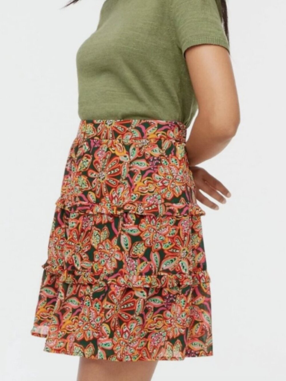 J.CREW Floral Pull-On Tiered Lined Mini Skirt XXS BR703 Multicolor Flowy Flowers